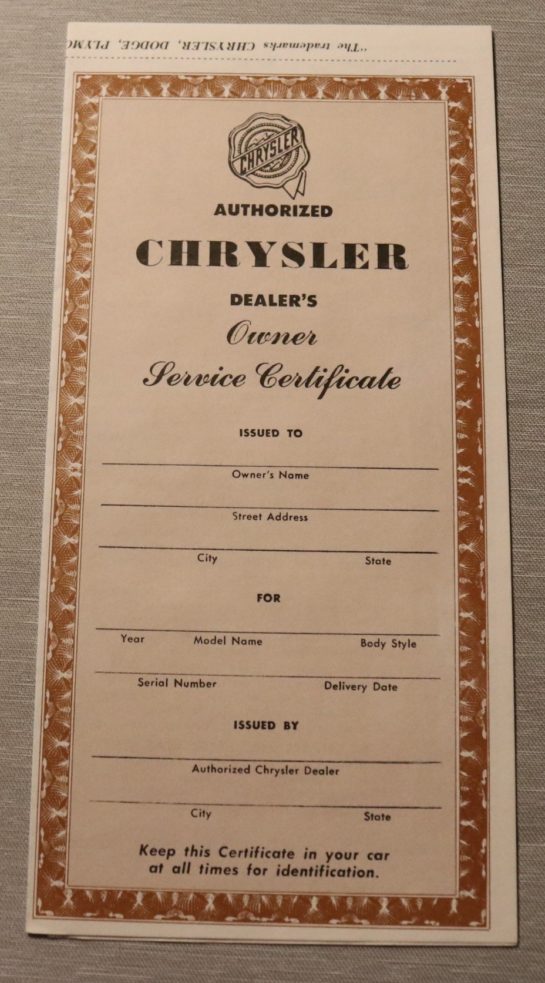 Owner Service Certificate Chrysler 1955-60