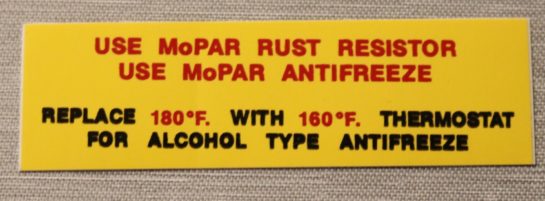 Rust Resistor / Antifreeze Dekal Mopar 1958-64