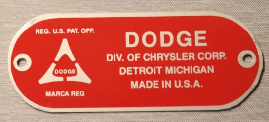 Manufactures Plate Dart, Dodge 1963-66