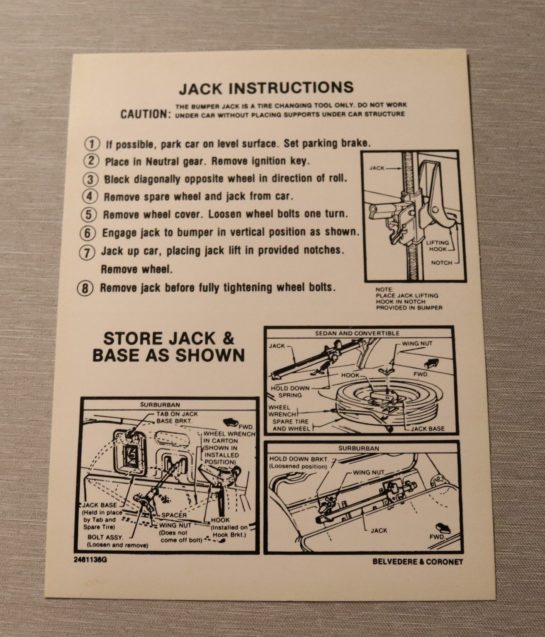 Jack Instruction Dekal Belvedere, Charger, Coronet 1967