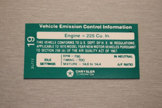 Emission Dekal Mopar 225 M/T efter 1-1 1970