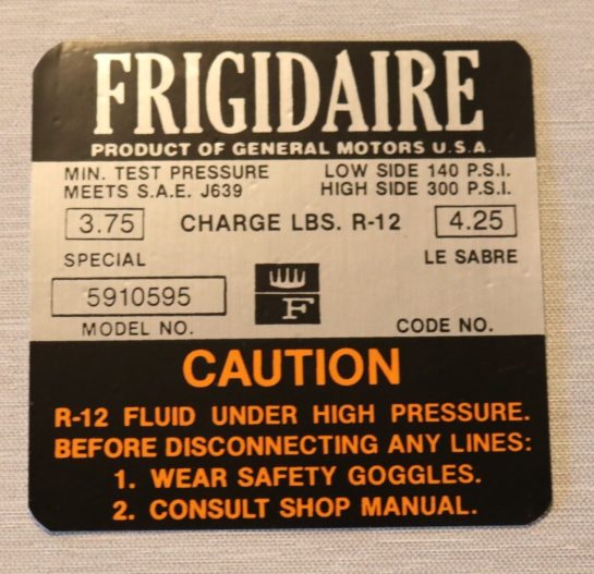 Frigaire Cond. Compression Dekal 1967-68 Buick