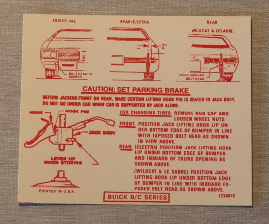 Jack Instruction Dekal 1970 Buick