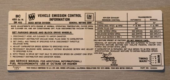 Emission Dekal Buick 455 AT/MT 1973