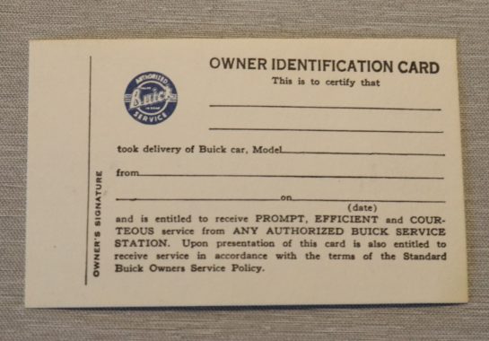 Owners Indification Card 1936-56 Buick