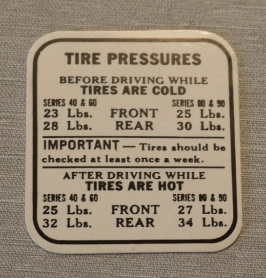 Tire Pressure Dekal Buick 1938