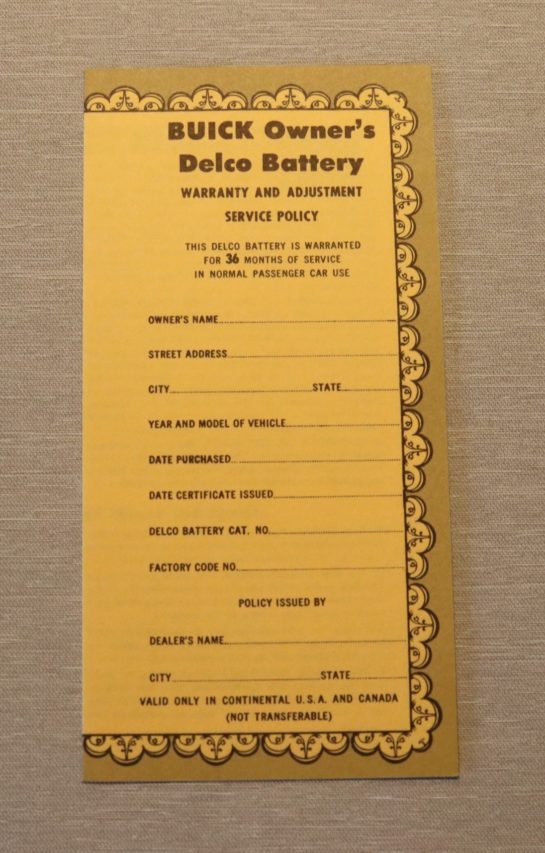 Battery Owners Certificate 1955-60 Buick