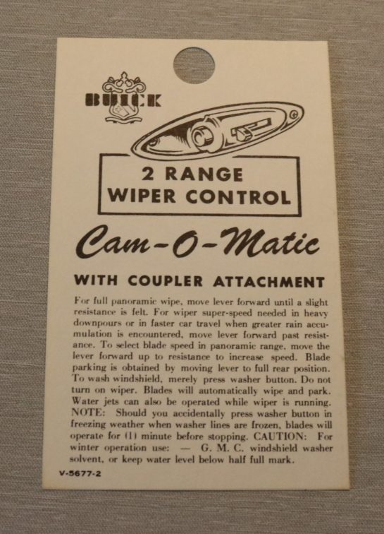 2-Speed Wiper Inst. Tag 1958 Buick