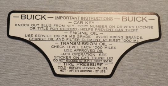 Tire Oil Pressure Glovebox Dekal Buick 1959