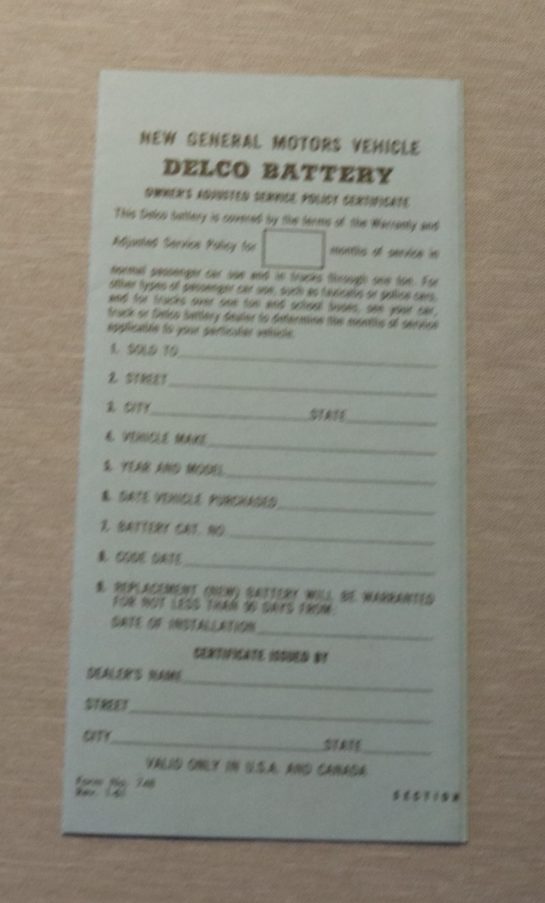 Delco Battery Owners Certificate 1961-64 Buick