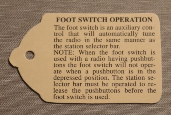 Foot Operation Tag 1950-68 Cadillac
