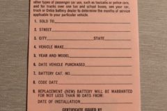 Delco Battery Owners Certif. 1965-68 Cadillac