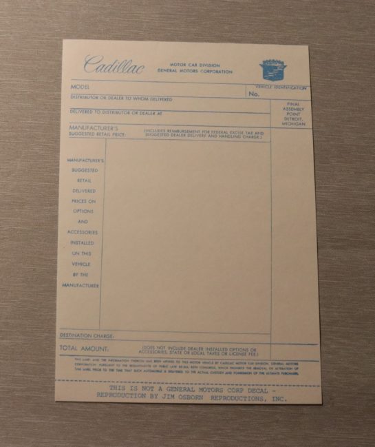 New Car Window Price Sticker 1967-69 Cadillac