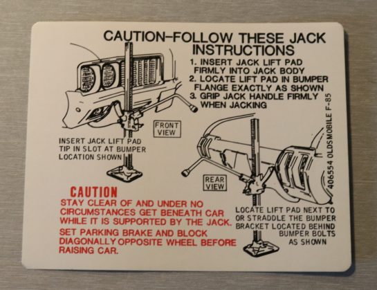Jack Instruction Dekal Cutlass, F85 1969-72