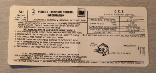 Emission Dekal Oldsmobile 455-4V A/T A,B,C - Body 1972