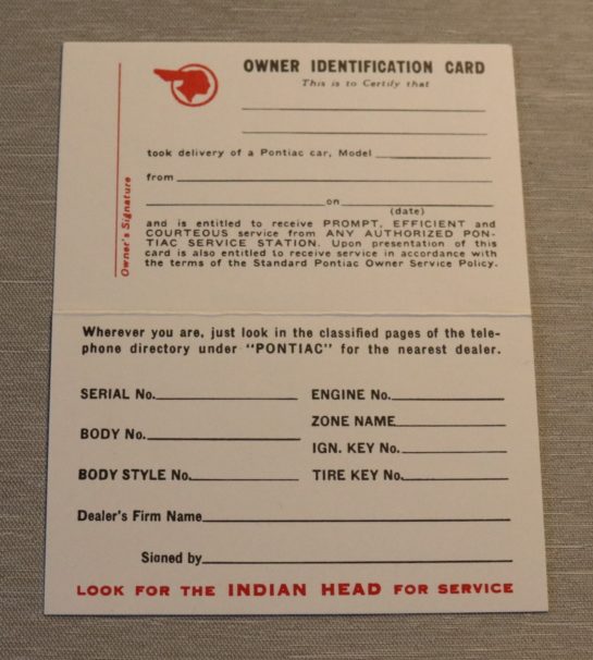 Owners Identification Card Pontiac 1937-59