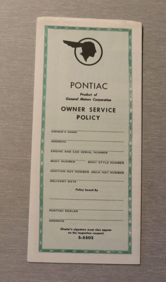 Owners Service Policy Pontiac 1939-59
