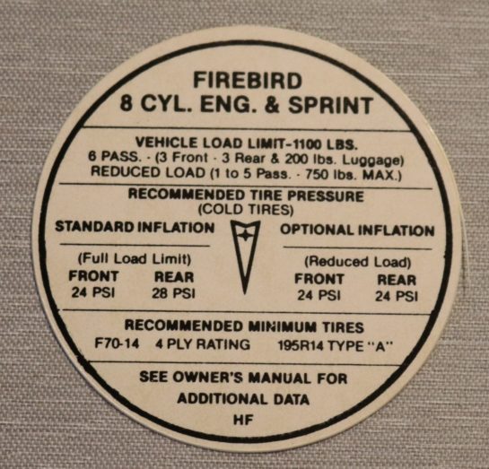 Tire Pressure Dekal Firebird 1968
