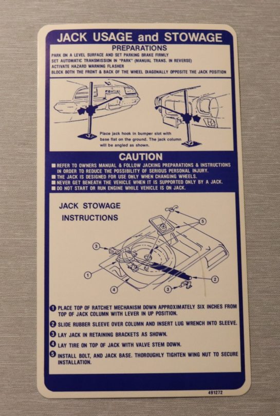 Jack Instruction Dekal Firebird 1971-74