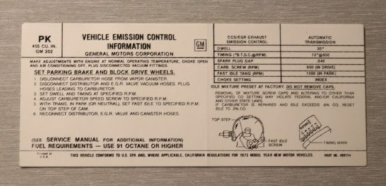 Emission Dekal Pontiac 455-4V A/T 1973