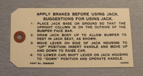 Jack Instruction Tag Chevrolet 1949-53