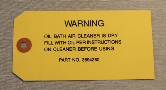 Oil Bath Air Cleaner Warning Tag 1950-55 Chevrolet