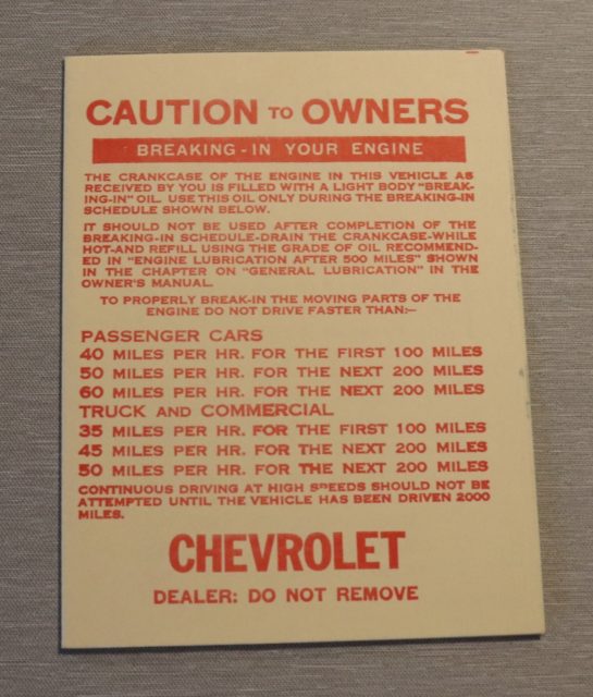 Enging Break-In Card Chevrolet 115 HP 1953-54