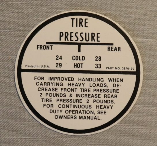 Tire Pressure Dekal Chevrolet 1955-62