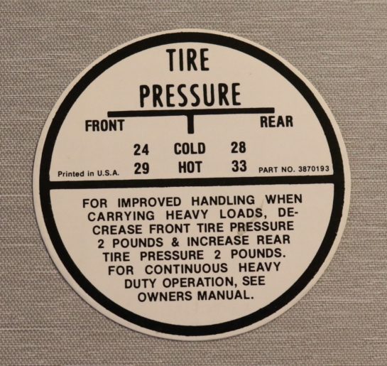 Tire Pressure Dekal 1964-65 Chevrolet