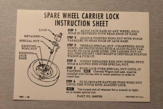 Spare Lock Instruction Dekal Chevrolet 1965-66