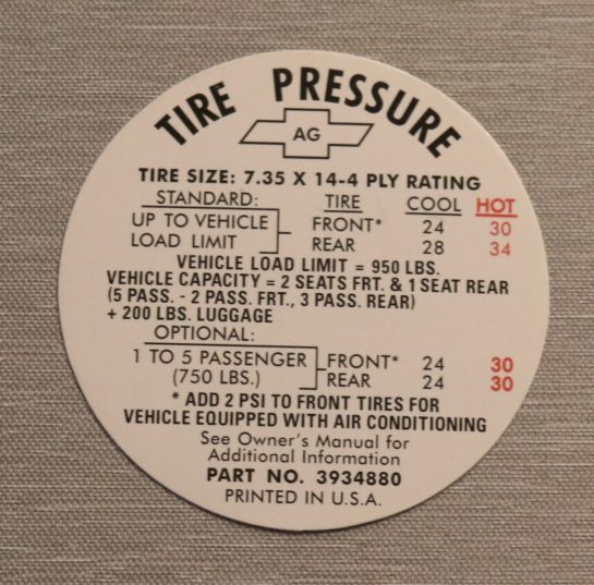 Tire Pressure Dekal 1967-68 Chevrolet