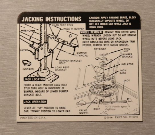 Jack Instruction Dekal Camaro Coupe 1967-68