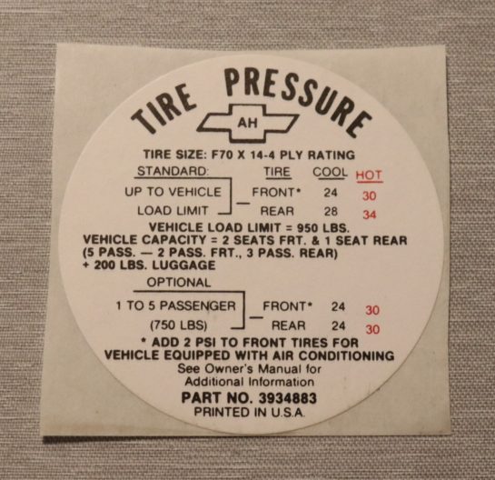 Tire Pressure Dekal Camaro SS 1968