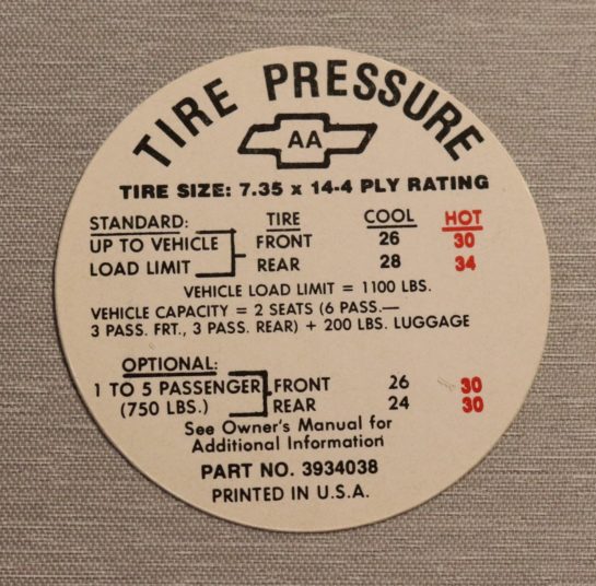Dekal Tire Pressure Chevelle 1968