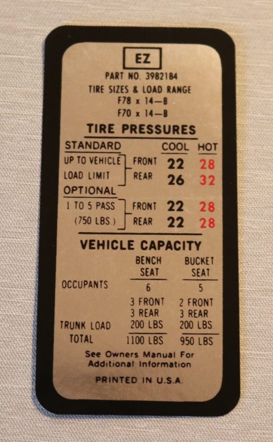 Tire Pressure Dekal Chevelle 1970