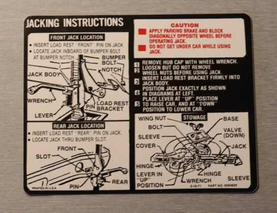 Jack Instruction Dekal Chevelle 1972