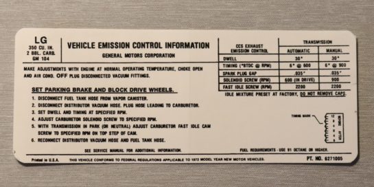 Emission Dekal Chevrolet 1972