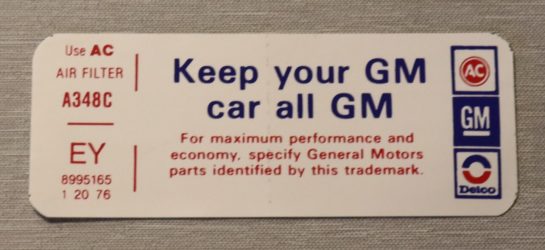 Keep Your GM All GM Corvette High Perf. (EY) 1976