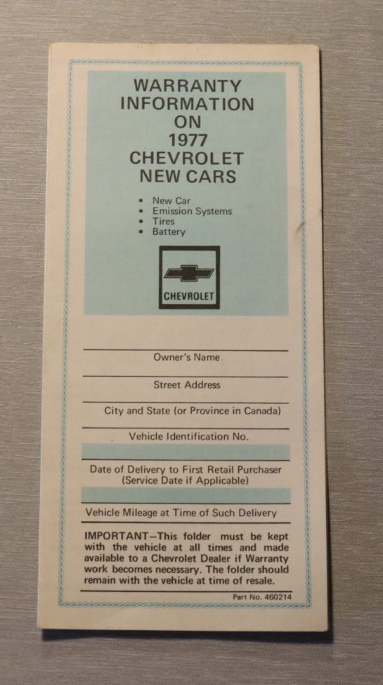 Garanti Information Dekal Chevrolet 1977