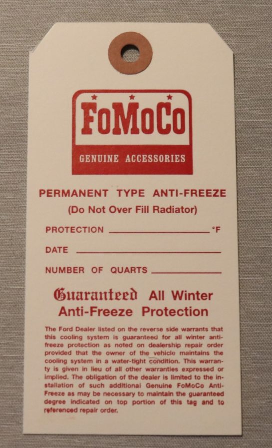 Antifreeze Tag Ford 1953-70