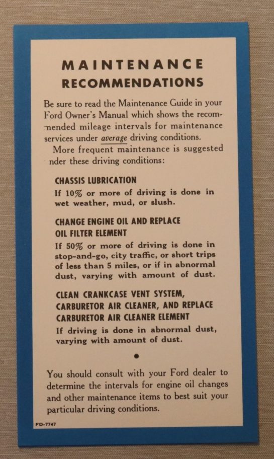 Maintenence Sheet Owners Manual Ford 1955-57