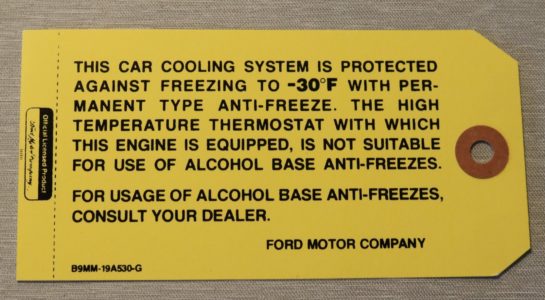 Antifreeze Tag Edsel, Ford, Lincoln 1959-63