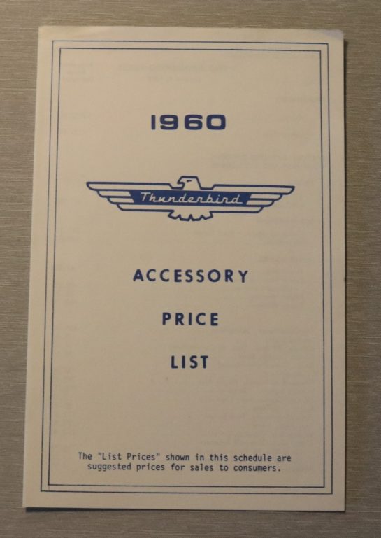 Accessory Price List 1960 Thunderbird