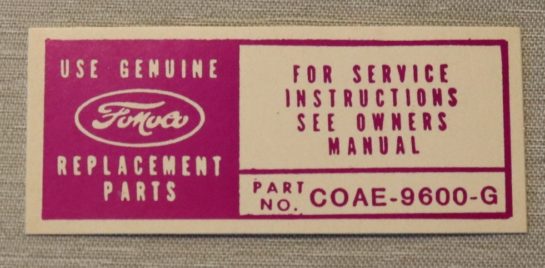 Air Cleaner Service Instr. Dekal Ford 1960