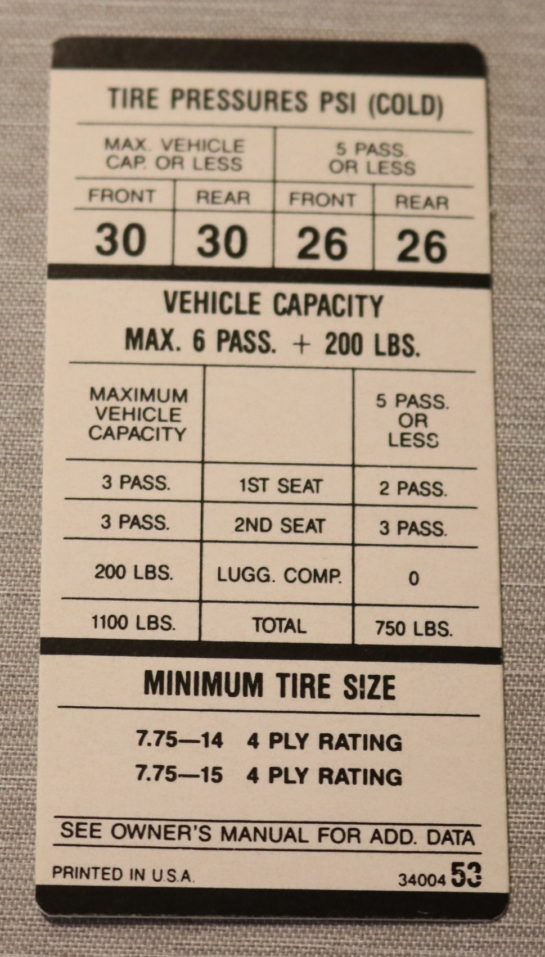 Tire Pressure Dekal Mopar B-Body 383,440 1969