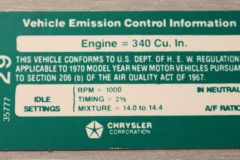 Emission Dekal Mopar 340-4V M/T 1970
