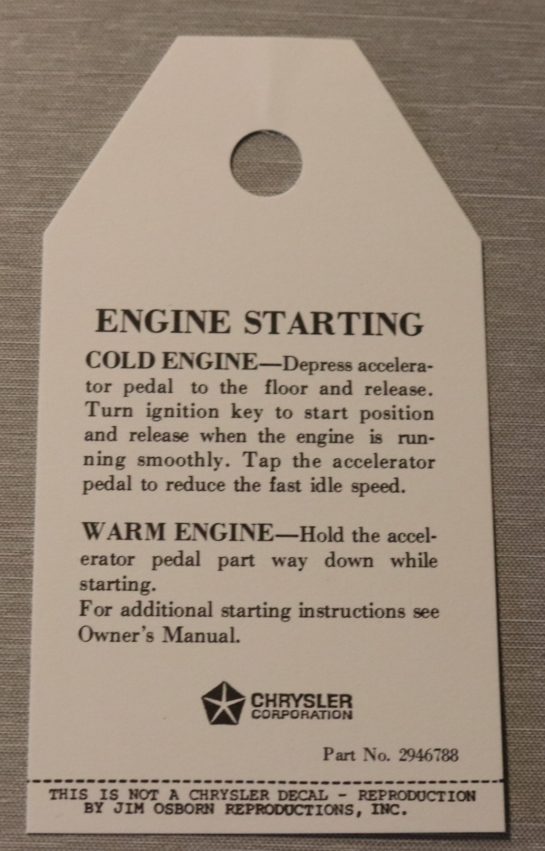 Engine Start Instruction Tag Mopar 1970-73