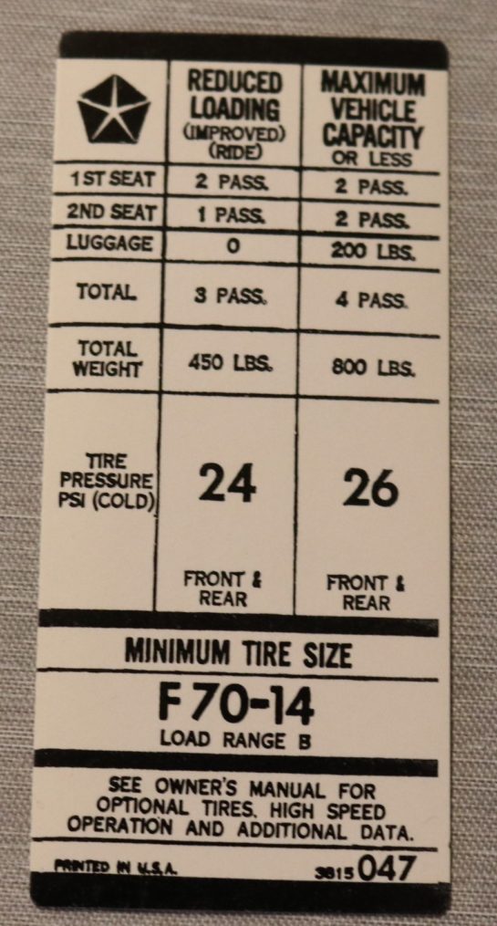 Tire Pressure E-Body Dekal 1974
