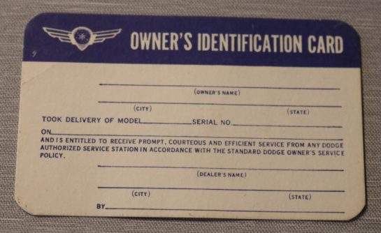 Owners Identification Card Dodge 1935-51