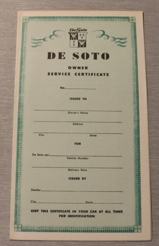 Service Policy Certificate Desoto 1937-56